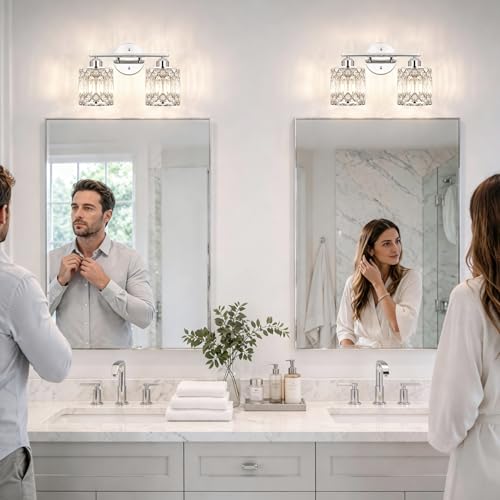 Lxybcce 2-Light Bathroom Vanity Light, 14 in Modern Crystal Bathroom Lighting Fixtures Over Mirror, E26 Hardwired Bathroom Wall Sconce, Chrome - color: Chrome, size: 14in