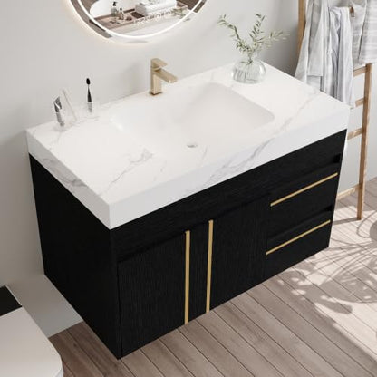 36" Floating Bathroom Vanity with Sink, Modern Wall Mounted Floating Vanity Cabinet with Double Soft-Close Doors and 2 Drawers, Ceramic Sink and Faux Marble Top, White - color: White