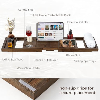 Teak Bathtub Tray, Expandable Bath Tray for Tub 28–40in, Foldable Bath Caddy with Wine Holder, Phone & Tablet Stand, Wooden Bathtub Organizer, Luxury Spa Bathroom Accessories Gift - Dark Walnut Finish - color: Dark Walnut - Solid Teak Wood