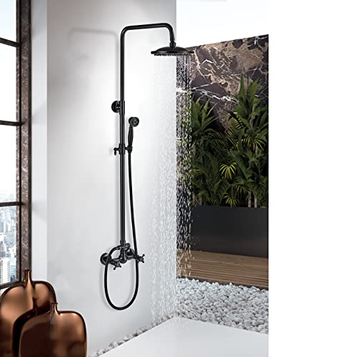 Rain Shower System Oil Rubbed Bronze Outdoor Shower Faucet Set with 8 Inch Rainfall Shower Head Handheld Spray 2 Cross Handles Wall Mounted Bathroom Shower Fixtures Solid Brass - color: Oil Rubbed Bronze, style: Two Modes