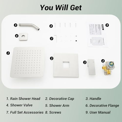 Shower Faucet Set with Valve, 8 Inch Square Rain Shower Head,Brushed Nickel | SUS304 Stainless Steel, Brass Rough-in Valve, Single Handle, Air Pressure Boost, Shower Trim Kit, Male Threads - color: Brushed Nickel