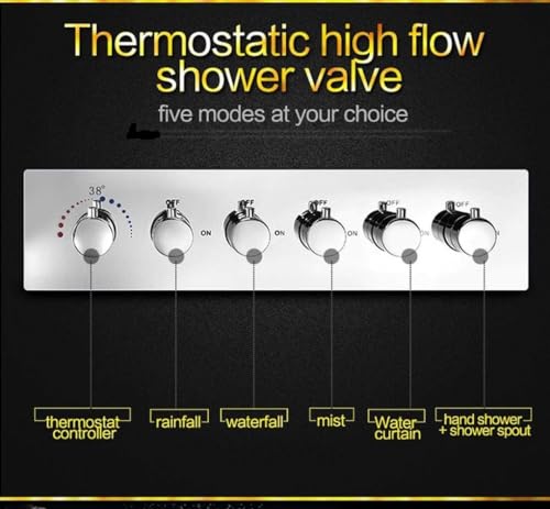 Cascada LED Modern Shower System with Handheld Shower & Spout | 5 Functions | Ceiling Mount | 23"x31" | 6-Knob Thermostatic Valve (Polished Stainless Steel) - color: Polished Stainless Steel