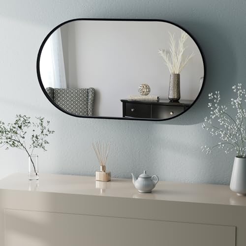 32" x 20" Black Oval Wall Mirror, Capsule Extendable Swivel Bathroom Vanity Makeup Mirror, 360 Rotation Folding Extendable Arm Vanity Mirror for Wall Shower Shaving