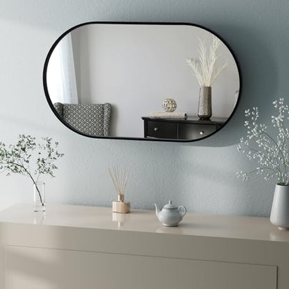 32" x 20" Black Oval Wall Mirror, Capsule Extendable Swivel Bathroom Vanity Makeup Mirror, 360 Rotation Folding Extendable Arm Vanity Mirror for Wall Shower Shaving