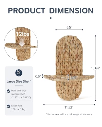 Coeusy Set of 2 Wicker Plant Wall Shelf, Boho Wall Decor, Wall Plant Holder | Water Hyacinth, Hand-Woven Wall Planter, Floating Shelves for Home, Bathroom, Bedroom, Living Room, Office, Corner, Natural