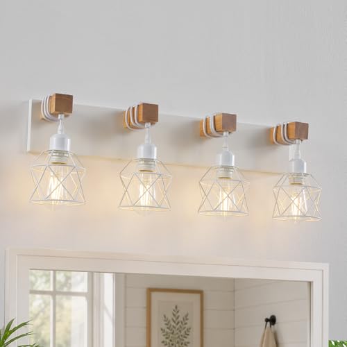 Farmhouse Vanity Light Fixture,4-Light Bathroom Lighting,White Modern Wood Wall Light Over Mirror with Metal Shade,LED Bulbs Not Included - color: White, size: 4-Light-Wide 28"