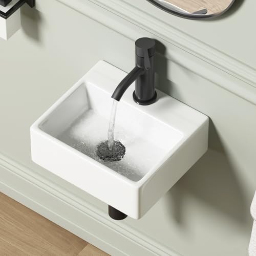 Wall Hung Bathroom Vessel Sink, QISHKA 13" X 11.5" Rectangular Floating Ceramic Wash Hand Basin White Wall Mount Vanity Sink for Small Bathroom and Small Cloakroom - size: 13.2" x 11.5" x 4.5"