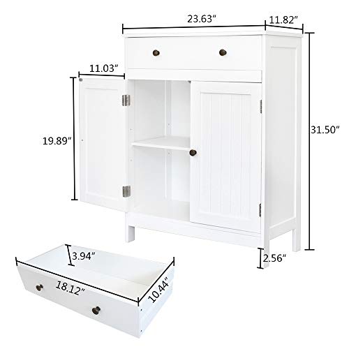 VINGLI White Storage Cabinet with Doors and Drawer Bathroom Floor Cabinet Wood Freestanding Storage Cabinet with Adjustable Shelf for Kitchen Entryway Foyer Living Room, 23.63" W x 11.8" D x 31.5" H