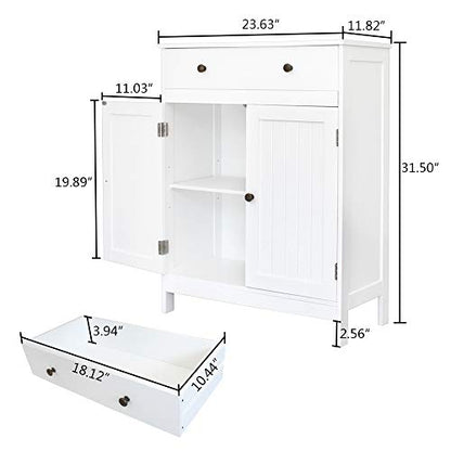 VINGLI White Storage Cabinet with Doors and Drawer Bathroom Floor Cabinet Wood Freestanding Storage Cabinet with Adjustable Shelf for Kitchen Entryway Foyer Living Room, 23.63" W x 11.8" D x 31.5" H