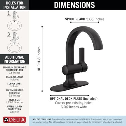 Delta Albion Matte Black Bathroom Faucet 1 Hole, Single Hole Bathroom Sink Faucet for Vanity, Metal Push-Pop Drain Assembly, Matte Black 15855LF-BL - color: Matte Black