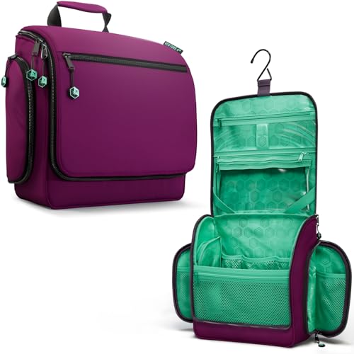 VENTURE 4TH Hanging Travel Toiletry Bag, 18 Compartments - Purple/Mint | Hangs on rails, hooks or doors; stands upright. Removable TSA pouch. Water-resistant Nylon 290D Twill, reinforced stitching. - color: Purple/Mint