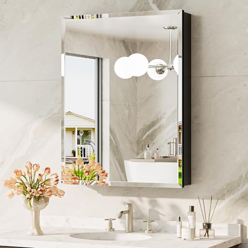 TokeShimi 24 x 32 Mirrored Medicine Cabinet, Assembly Required, Black Medicine Cabinet for Bathroom, Tempered Beveled Mirror, Stepless Adjustable Shelves, Recessed/Wall Mounted - color: Black, size: 24x32 in