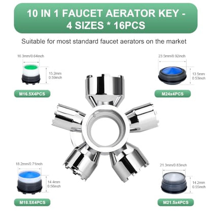 Upgraded Metal 10-in-1 Faucet Aerator Tool Kit,Includes 16 Pack Replacement Faucet Aerators M16.5/M18.5/M21.5/M24 (4 Each Size),Universal Heavy-Duty Removal Key,Must-Have DIY Plumbing Fixes