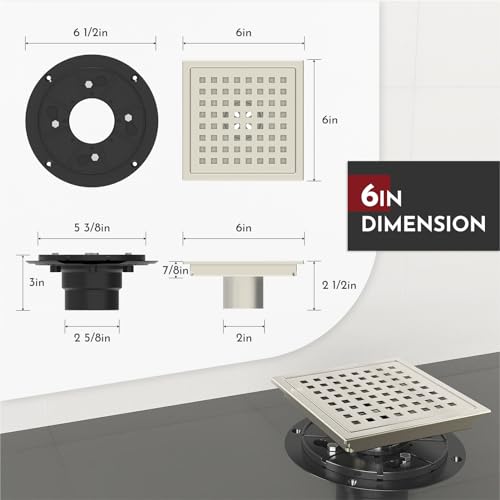 6 Inch Square Shower Floor Drain with Flange,Quadrato Pattern Grate Removable,Food-Grade SUS 304 Stainless Steel,Watermark&CUPC Certified,Brushed Nickel - color: Brushed Nickel, size: 6 Inch