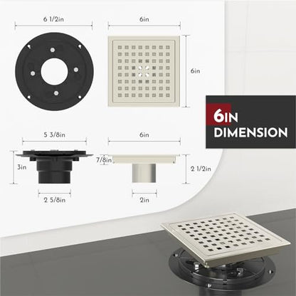 6 Inch Square Shower Floor Drain with Flange,Quadrato Pattern Grate Removable,Food-Grade SUS 304 Stainless Steel,Watermark&CUPC Certified,Brushed Nickel - color: Brushed Nickel, size: 6 Inch