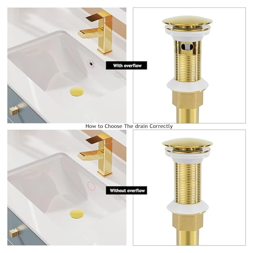 Bathroom Sink Drain, 4 Pack Gold Drain Stopper with Overflow,Pop Up Drain Assembly Without Detachable Strainer Basket,Built-in Anti-Clogging Strainer,Stainless Steel - color: 4 Pack-gold-big Cap, style: With Overflow