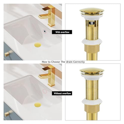 Bathroom Sink Drain, 2 Pack Gold Drain Stopper with Overflow,Pop Up Drain Assembly with Detachable Strainer Basket,Built-in Anti-Clogging Strainer,Stainless Steel - color: 2 Pack-gold-big Cap, style: With Overflow