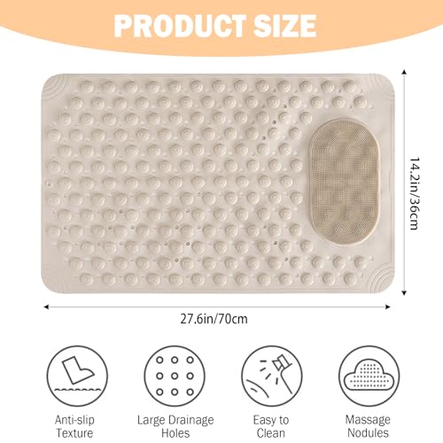 27.6 x 14.2 Inch Non-Slip Bathtub Mat, Machine Washable Bathroom Mat with Suction Cups and Drain Holes, Ideal for Bathtub or Bathroom Floor (Off-White) - color: Off-white