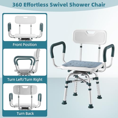 Swive Shower Chair with Arms and Back, 500 lbs Heavy Duty Shower Seat for Inside Shower Stall and Bathtub, Height Adjustable Safety Bath Seat for Elderly, Adults, Handicap and Disabled - size: 500lbs Heavy Duty Shower Chair