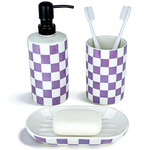 Bathroom Toothbrush Holder Set, Ceramic Soap Dispenser and Tooth Brush Holder& Soap Dish Set 3Pcs, Bathroom Accessories Sets Countertop, Purple Lavender Checkered Bathroom Decor - color: Lavender Purple