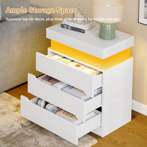 Night Stand with 3 Drawers, Nightstand with App-Controlled Adjustable LED Light, Bedside Table with Slidable Hidden Storage Space, Modern Nightstands for Bedroom,White - color: Unbzx032wd-zf