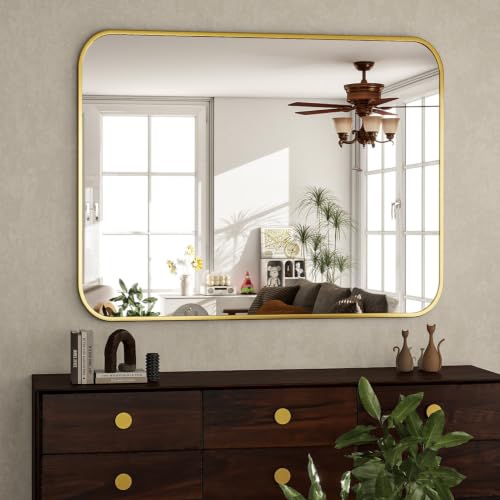 30x40 Inch Gold Bathroom Vanity Mirror for Over Sink | Rectangle Wall Mirror for Bathroom with Round Corner, Hangs Horizontally Vertically for Living Room, Bedroom as Home Decor - color: Gold, size: 40"L x 30"W