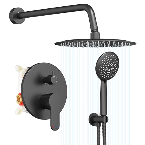 Gabrylly Black Shower System, Pressure Balance Shower Faucet Set, 12" Stainless Steel Rain Shower head with 5-Mode Handheld Shower Spray Combo,High Pressure Rainfall Shower Head Set, Matte Black - color: Matte Black, style: 12 Inches-Without Tub Spout