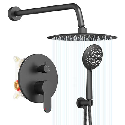 Gabrylly Black Shower System, Pressure Balance Shower Faucet Set, 12" Stainless Steel Rain Shower head with 5-Mode Handheld Shower Spray Combo,High Pressure Rainfall Shower Head Set, Matte Black - color: Matte Black, style: 12 Inches-Without Tub Spout