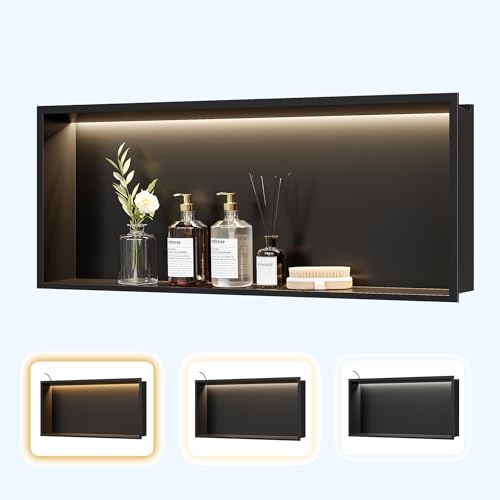 30"x12"Black LED Shower Niche,3 CCT Dimmable Light, No Tile Needed | 304 Stainless Steel Bathroom Niche w/ Light(3000K/4000K/6000K), IP66 Waterproof, Space Saving & Durable ,LED Driver Included - color: Matte Black, size: 30X12In