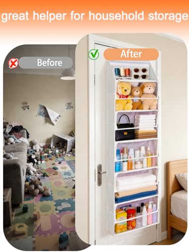 Over Door Storage Bag with Zippered Closure, 6 Tier Hanging Organizer, Behind Door Stuffed Animal/Toy/Plush Holder, Clear Window, Home Organization for Bathroom/Bedroom/Closet/Nursery, 1Pack,Beige