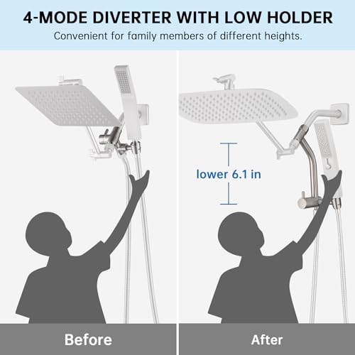 G-Promise 12 Inch All Metal Rain Shower Head with Handheld (Brushed Nickel) | Suits Every Height, Pause Mode Diverter, Massage Mode Handheld, Full Body Coverage, Easy to Install, Modern Bath Upgrade - color: Brushed Nickel, size: 12 Inch