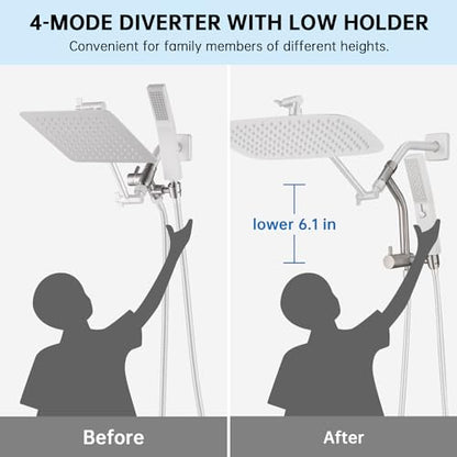G-Promise 12 Inch All Metal Rain Shower Head with Handheld (Brushed Nickel) | Suits Every Height, Pause Mode Diverter, Massage Mode Handheld, Full Body Coverage, Easy to Install, Modern Bath Upgrade - color: Brushed Nickel, size: 12 Inch