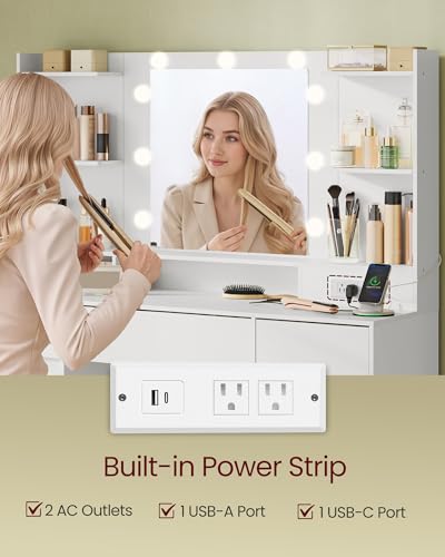 VASAGLE KAILYN Collection - Vanity Desk with Mirror and 9 LED Bulbs, Modern Vanity Makeup Table with Power Outlets, Dressing Table with 9 Drawers, for Bedroom, Cloud White URDT141WB01S - style: 43.3"W 9 Drawers Vanity Desk - Cloud White