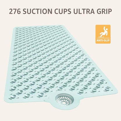 OTHWAY Bath Mat for Tub Non Slip: 39" X 17" Long Bathtub Mat with Hair Catcher│Big Drain Holes Shower Mats for Inside Shower│Machine Washable (Light Blue) - color: Light Blue