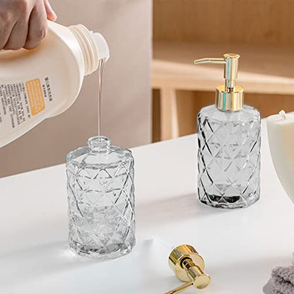 Clear Glass Soap Dispenser with Gold Plastic Pump, 2 Pack 12oz Diamond Hand Soap Dispenser, Refillable Lotion Dispenser & Dish Bathroom Dispenser for Liquid, Shower Gel - color: Crystal Clear