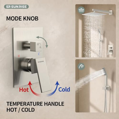 SR SUN RISE 12 Inches Bathroom Luxury Rain Mixer Shower Combo Set Wall Mounted Rainfall Shower Head System Brushed Nickel Finish Shower Faucet Rough-In - color: Brushed Nickel, size: 12 Inch