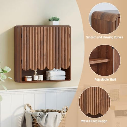 Fluted Bathroom Wall Cabinet, Wooden Bathroom Organizers, Scalloped Over The Toilet Storage Cabinet with Adjustable Shelf, Medicine Cabinets Wall Mounted for Bathroom, Laundry Room(Walnut) - color: Walnut