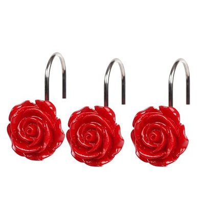 Twofish Home Red Rose Flower Shower Curtain Hooks Anti Rust Shower Curtain Hooks Decorative Resin Red Rose Flower Shower Curtain Rings Set of 12 - color: Red Rose
