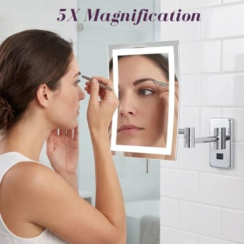 JERDON Hardwired Wall-Mount Makeup Mirror - 5X/1X - Chrome - JRT710CLD | 6.5" x 9" Rectangular Frame, LED Lighting, Direct Wire Install - color: Chrome Direct Wire