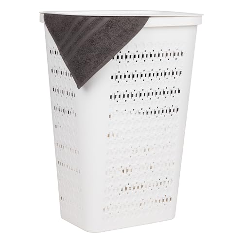 Mind Reader Slim Tapered Laundry Hamper with Lid, Clothes Basket with Swiss Cross Cut-Outs, Lightweight & Ventilated, Plastic, 16.75"L x 12.75"W x 23"H, White - color: White