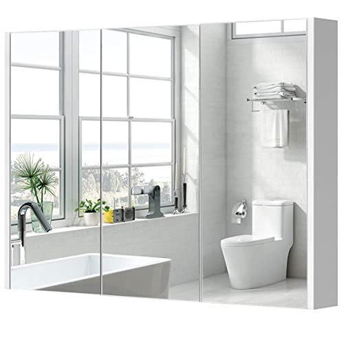 GLACER Large Mirrored Medicine Cabinet, Bathroom Wall Mounted Storage Cabinet with Triple Mirrored Doors, Ideal for Bathroom, Living Room, 36 x 4.5 x 25.5 inches (White)