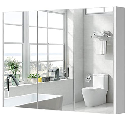 GLACER Large Mirrored Medicine Cabinet, Bathroom Wall Mounted Storage Cabinet with Triple Mirrored Doors, Ideal for Bathroom, Living Room, 36 x 4.5 x 25.5 inches (White)