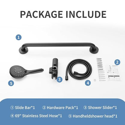 BRIGHT SHOWERS Stainless Steel Slide Bar Grab Rail Set Ada Compliant, 5-Spray Handshower with Slide Bar Kit – Includes Handheld Shower Head and 69-Inch Hose, Matte Black - color: Matte Black