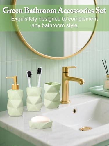 Ceramic Bathroom Accessories Set, 4-Piece Green Bathroom Set Complete with Soap Dispenser Set, Toothbrush Holder, Tumbler & Soap Dish – Bathroom Sets Accessories for Home, Apartment, Idea - color: Green