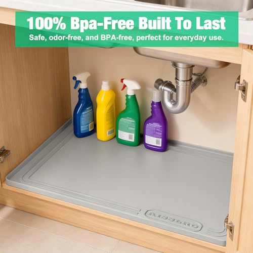 Aisslro Under Sink Mat 28" X 19", Waterproof Silicone Under Sink Mats for Kitchen, Anti-Leak Shelf Liner & Cabinet Protector with Raised Edge, [BPA Free] Bathroom Tray Home Organizer, Grey | BPA-Free Raised-Edge Cabinet Protector & Leak Tray for Bathroom
