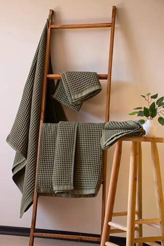 PÜSKÜL - Premium Waffle Towel Set 4 Pieces Khakie Green - Organic 100% Turkish Cotton Quick-Dry Towels for Bathroom Made in Turkiye (Khaki Green, Towel Set - 2 Hand & 2 Bath Towels) - color: Khaki Green, size: Towel Set - 2 Hand & 2 Bath Towels