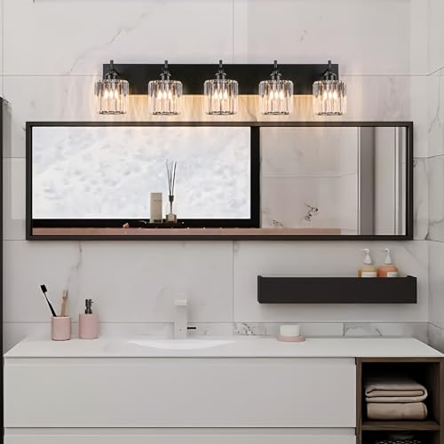 Black Crystal Bathroom Vanity Lights, Modern 5-Lights Bathroom Lighting Fixtures Over Mirror, Crystal Wall Lighting with Round Shade - color: Black-Round Shade, size: 5-Light