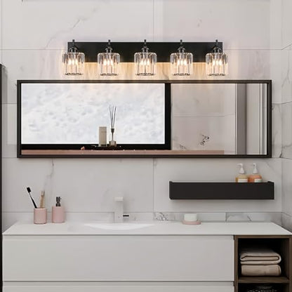 Black Crystal Bathroom Vanity Lights, Modern 5-Lights Bathroom Lighting Fixtures Over Mirror, Crystal Wall Lighting with Round Shade - color: Black-Round Shade, size: 5-Light