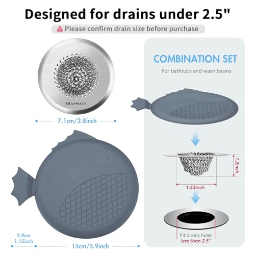 TRAPMATE Shower Drain Hair Catcher, 2.8" Bathtub Stopper Drain Strainer Kit | Easy Clean, Anti-Clogging, Fast Drainage, Anti-Slip, Reversible, No Rust, For Bathtub & Shower Drains, Small Size, Patented - color: Silver & Gray