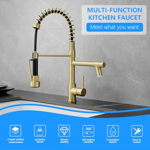 Gold Kitchen Faucet with Sprayer AIMADI,Modern Single Handle Spring Gold Kitchen Sink Faucet - color: Brushed Gold, style: with LED Sprayer